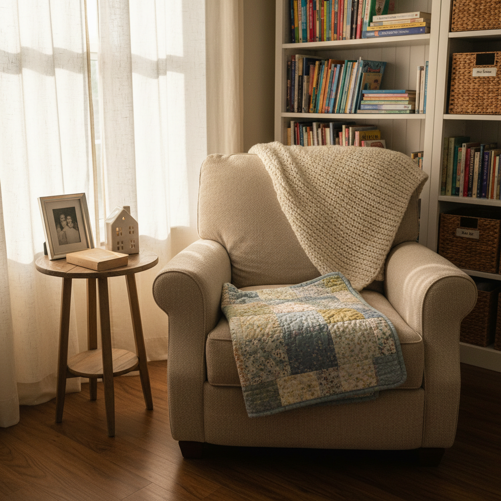 A warmly lit living room corner featuring an overstuffed oatmeal-colored armchair draped with a chunky knit throw and a folded patchwork baby blanket, positioned beside a small round side table. On the table rest a well-thumbed devotional book, a ceramic candle holder shaped like a simple house, and a framed photograph turned just enough that no faces are visible. A tall bookshelf in the background is lined with children’s chapter books, homeschool resources, and woven storage baskets. Late-afternoon golden hour light filters through sheer curtains, creating soft highlights and gentle shadows. Captured in photographic realism from a slightly elevated angle, the scene feels lived-in but orderly, conveying warmth, faith, and the transition from busy motherhood to an emerging empty nest.