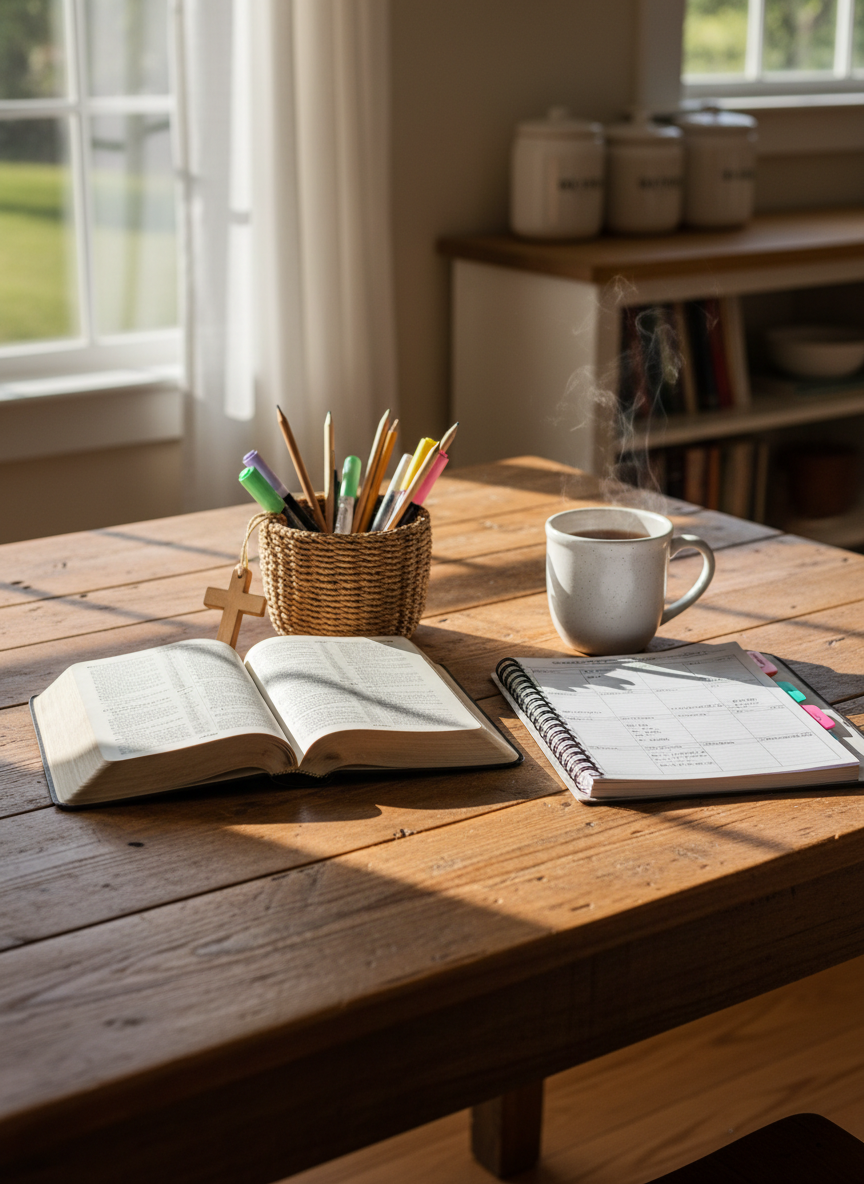 A well-worn wooden farmhouse table holds an open linen-bound Bible beside a spiral homeschool planner with color-coded tabs and a steaming mug of tea in a speckled stoneware cup. A small woven basket of sharpened pencils, highlighters, and a simple wooden cross ornament sits nearby. The table is near a large window in a cozy kitchen, with soft morning sunlight pooling across the pages and casting gentle shadows on the wood grain. Photographic realism with a clean, calm composition at eye level, using shallow depth of field so the background—a blurred hint of built-in bookshelves and a tidy countertop—fades away, creating a peaceful, reflective mood that suggests Christian motherhood and intentional planning without showing any people.