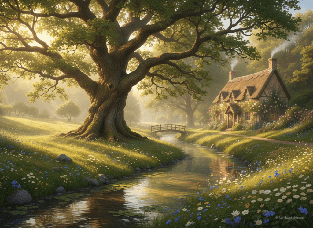 Serene, peaceful image of a large tree beside a gently flowing stream, soft natural light filtering through the leaves, cottage core aesthetic, warm and peaceful mood. The scene should evoke tranquility and spiritual peace, with dappled sunlight, lush greenery, and the gentle sound of flowing water implied through visual composition.